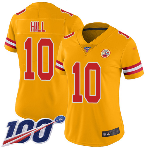 Women Kansas City Chiefs 10 Hill Tyreek Limited Gold Inverted Legend 100th Season Football Nike NFL Jersey